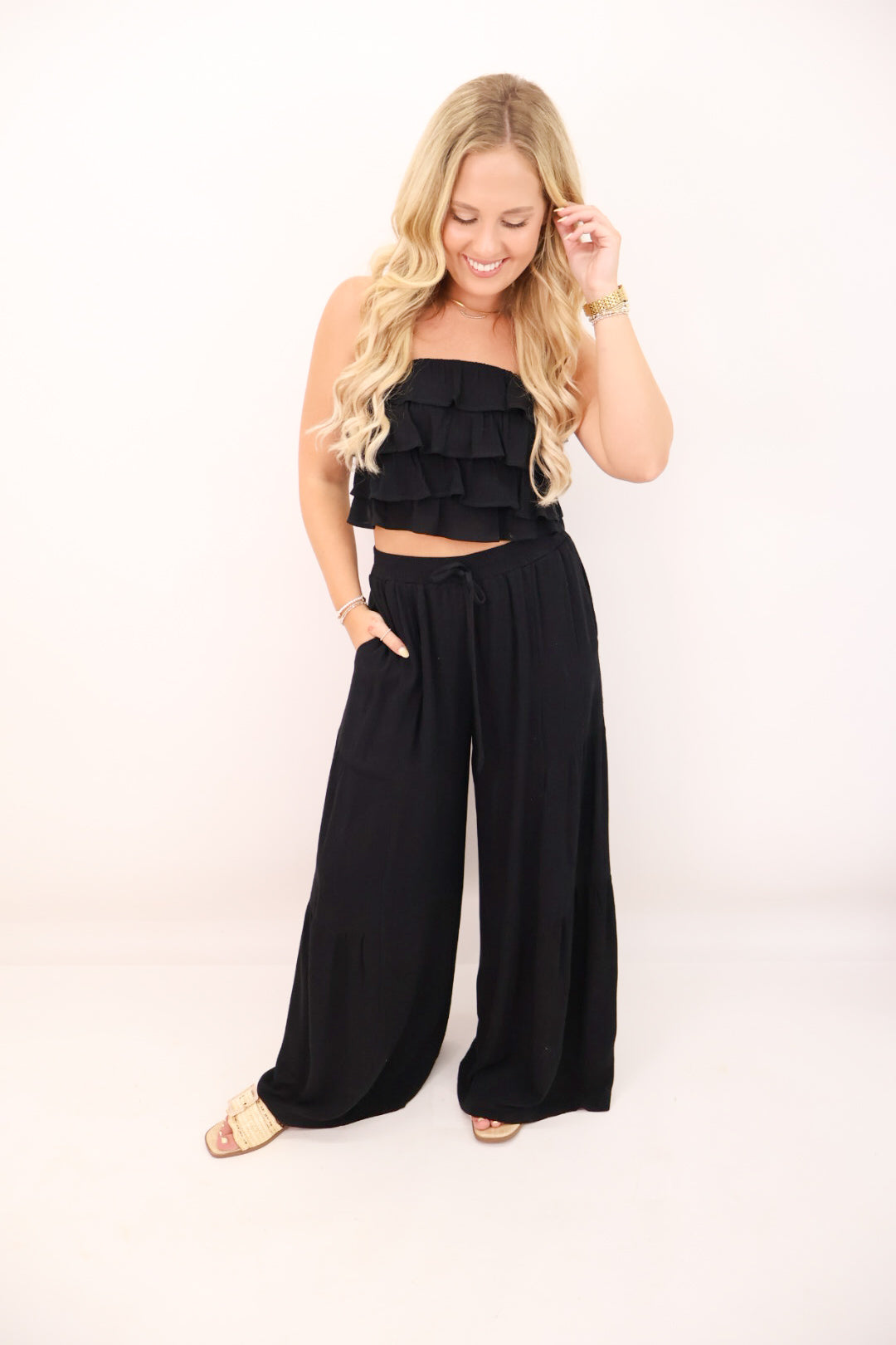 Ruffle Top and Flowy Pants Set - Black