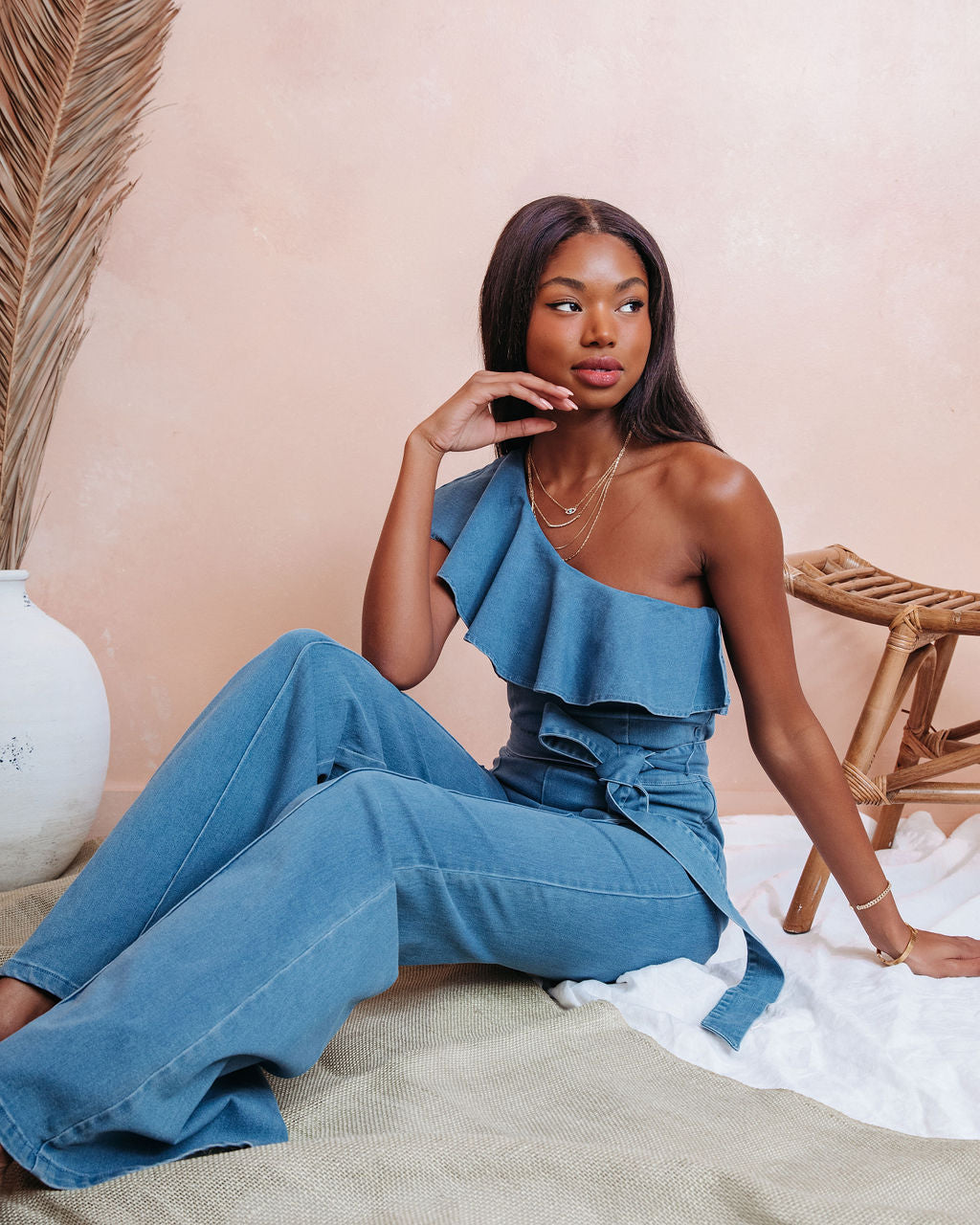 Cameran Cotton One Shoulder Flare Jumpsuit - Denim