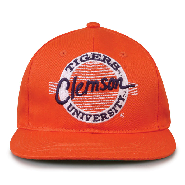 Clemson Retro Circle snapback hat in orange, front view
