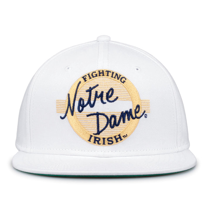 Notre Dame Retro Circle snapback hat in white, front view