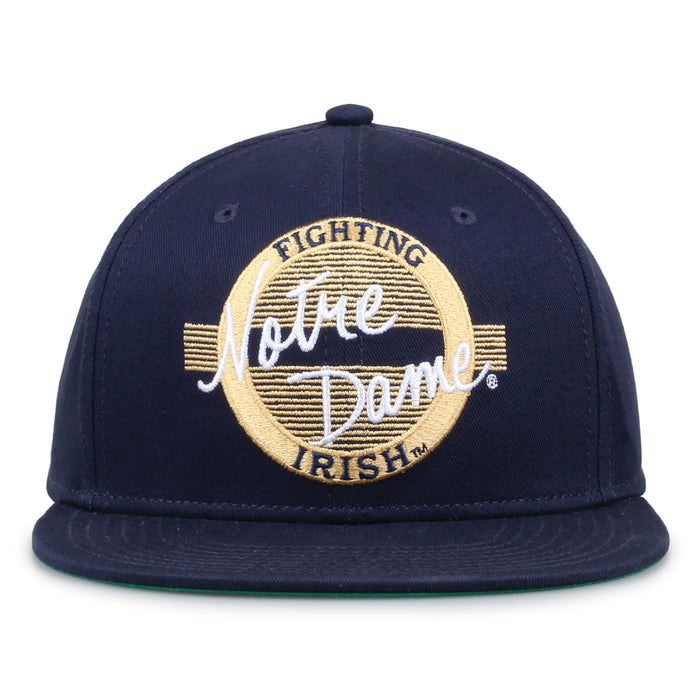 Notre Dame Retro Circle snapback hat in navy, front view