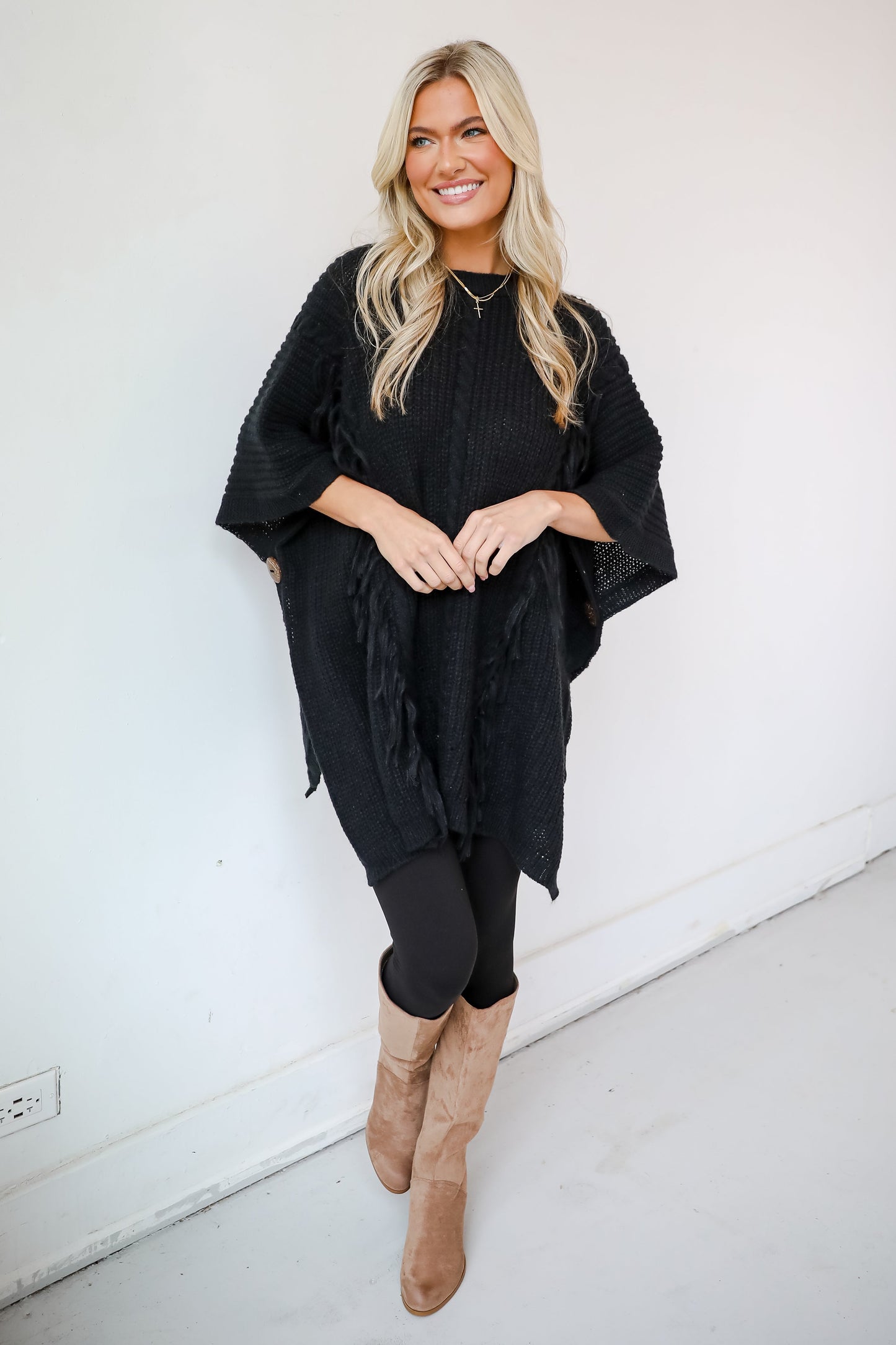 Chic Warmth Black Knit Poncho - DOORBUSTER