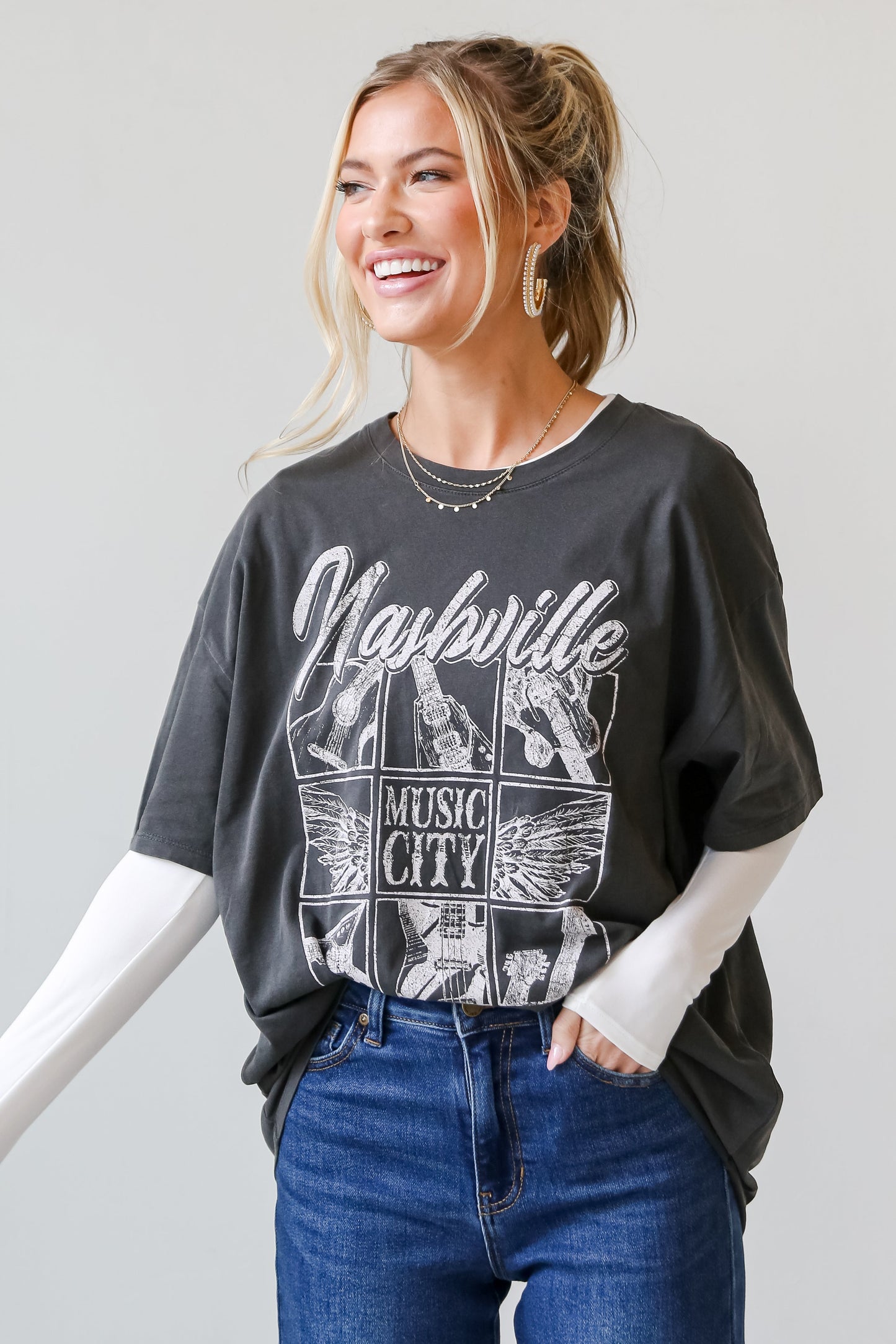 Charcoal Nashville Tennessee Music City Oversized Graphic Tee