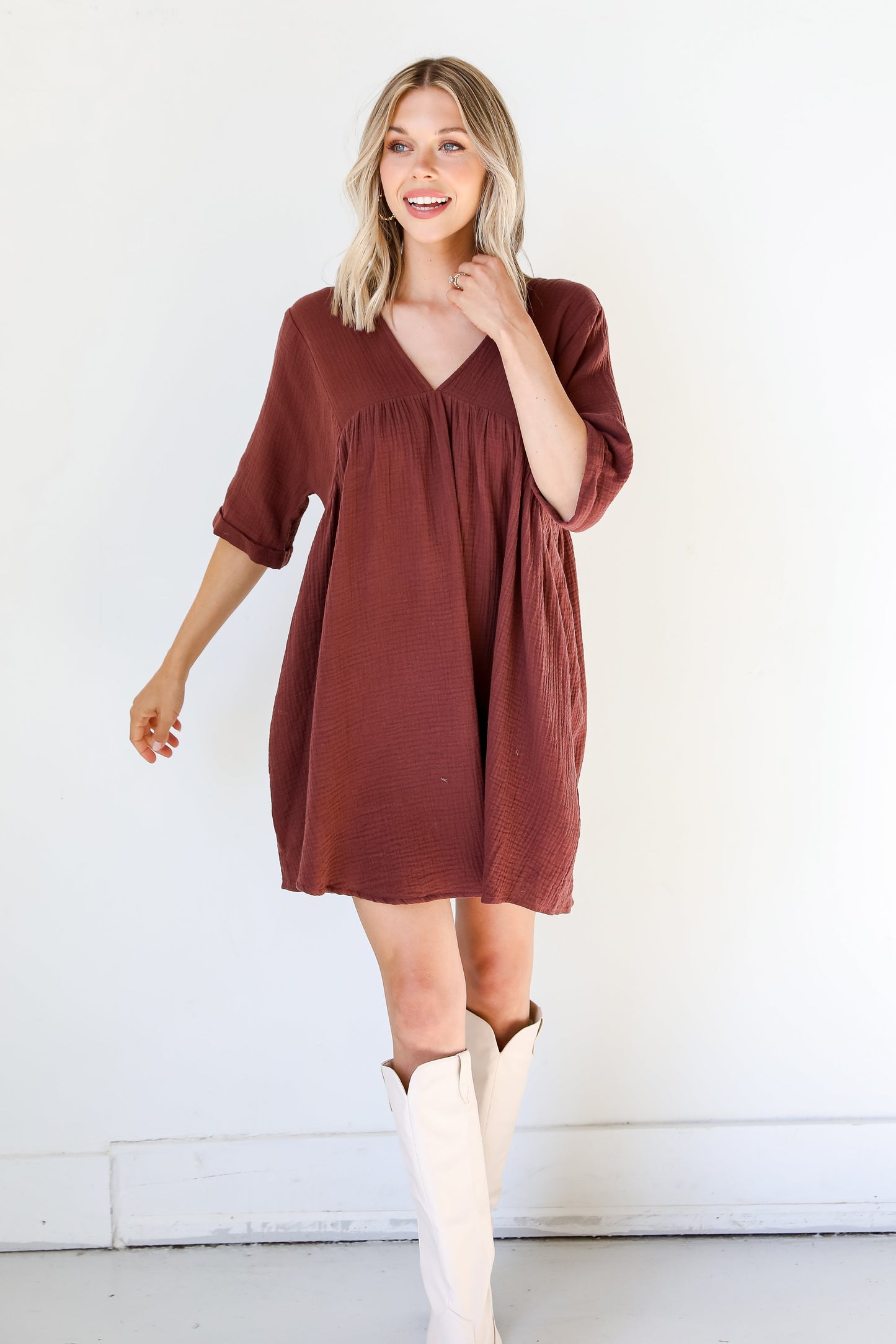 Autumn Mornings Linen Babydoll Mini Dress