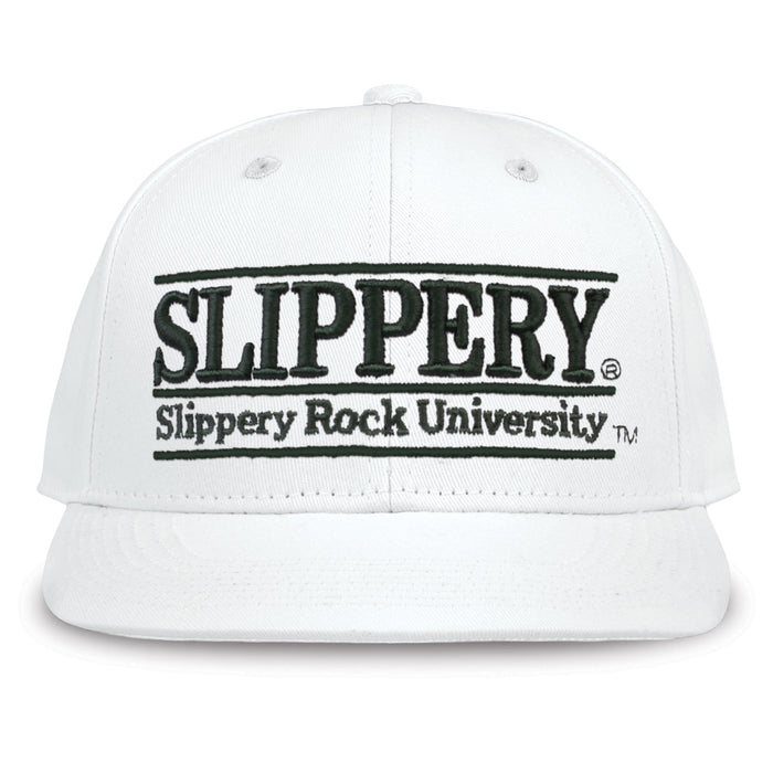 Slippery Rock Retro Bar snapback hat in white, front view