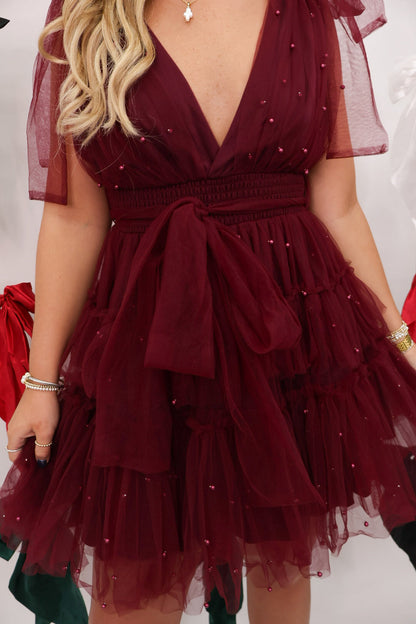 Burgundy Pearl Embellished Tulle Mini Dress