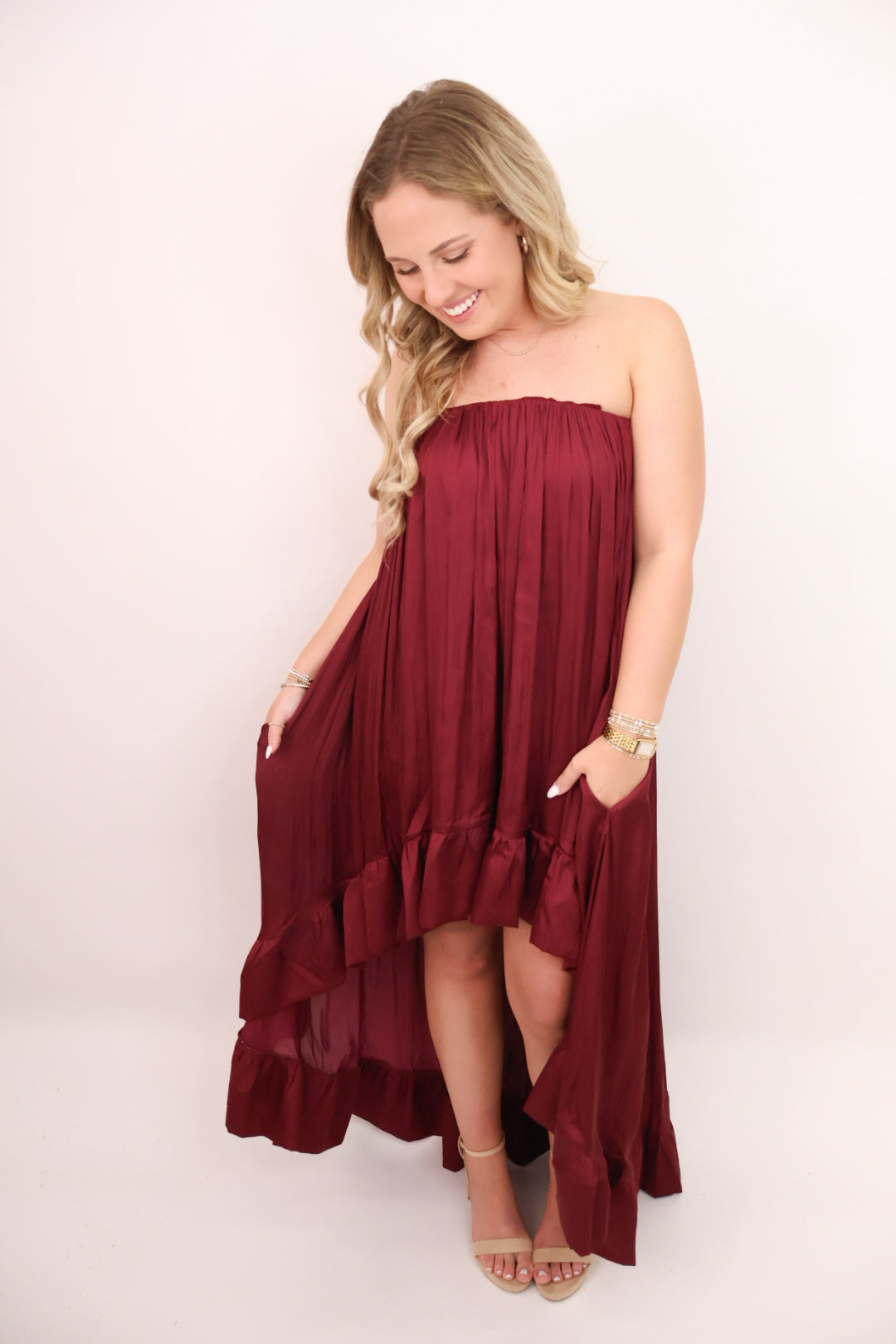 Satin Strapless High-Low Maxi Dress - Burgundy