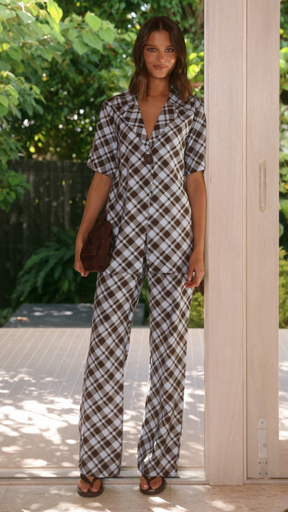 Imogen Button Shirt - Chocolate/Blue Plaid
