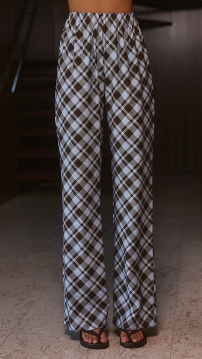 Imogen Button Pants - Chocolate/Blue Plaid
