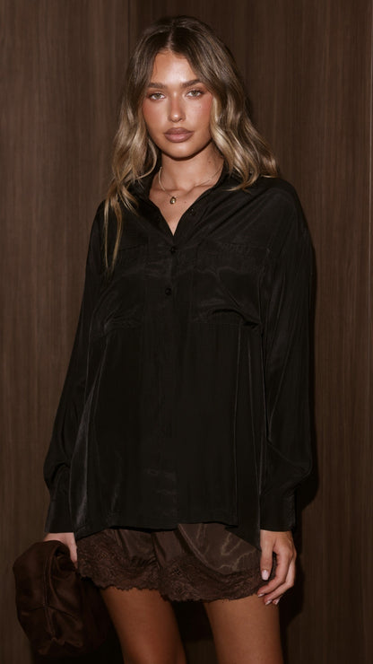Rylanne Long Sleeve Button Up Top - Black