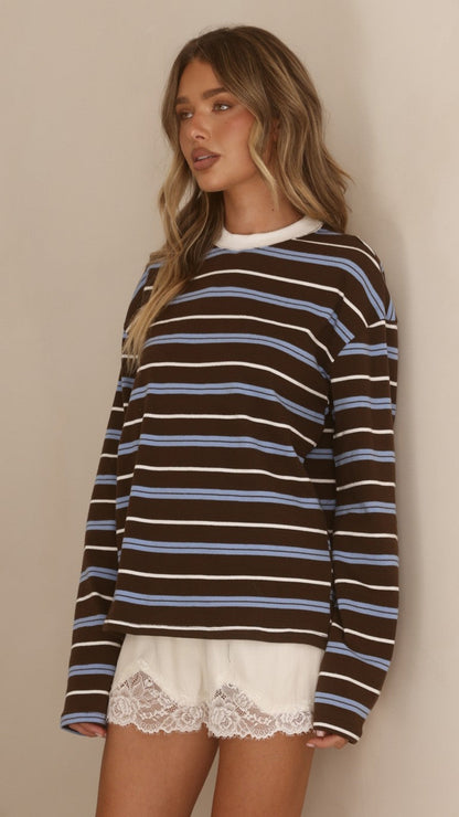 Raya Long Sleeve Top - Blue/Brown Stripe