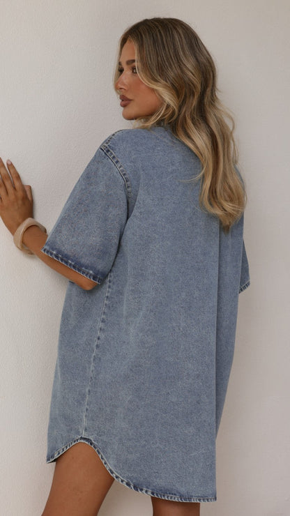 Maliha Button Up Mini Dress - Light Denim