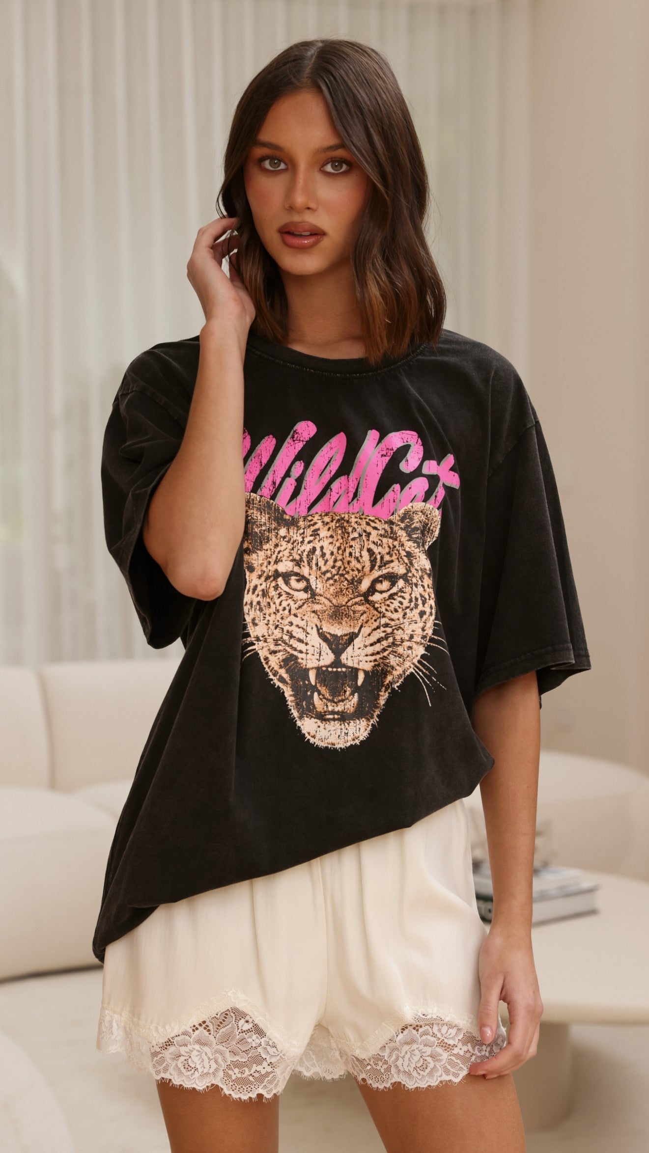 Wild Cat Oversized Tee - Black Acid Wash
