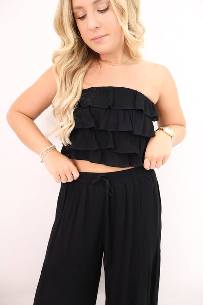 Ruffle Top and Flowy Pants Set - Black