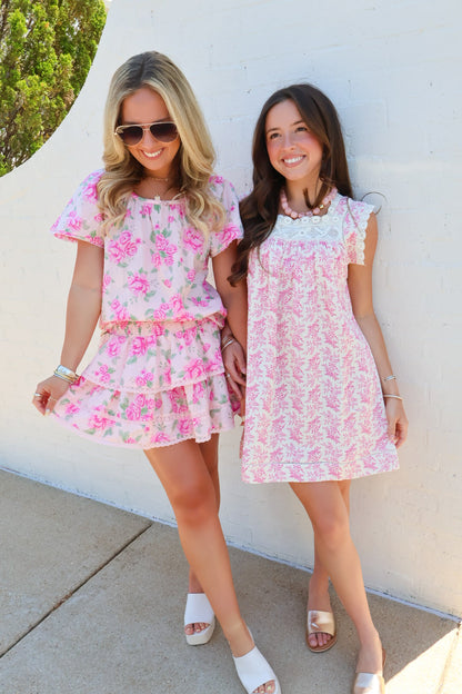 Pink Floral Tiered Skirt Set
