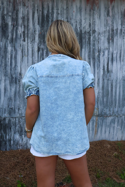 Chambray Denim Half Button Top