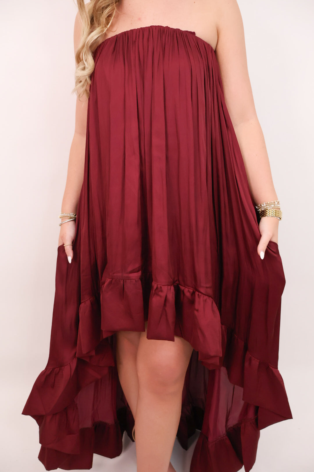 Satin Strapless High-Low Maxi Dress - Burgundy