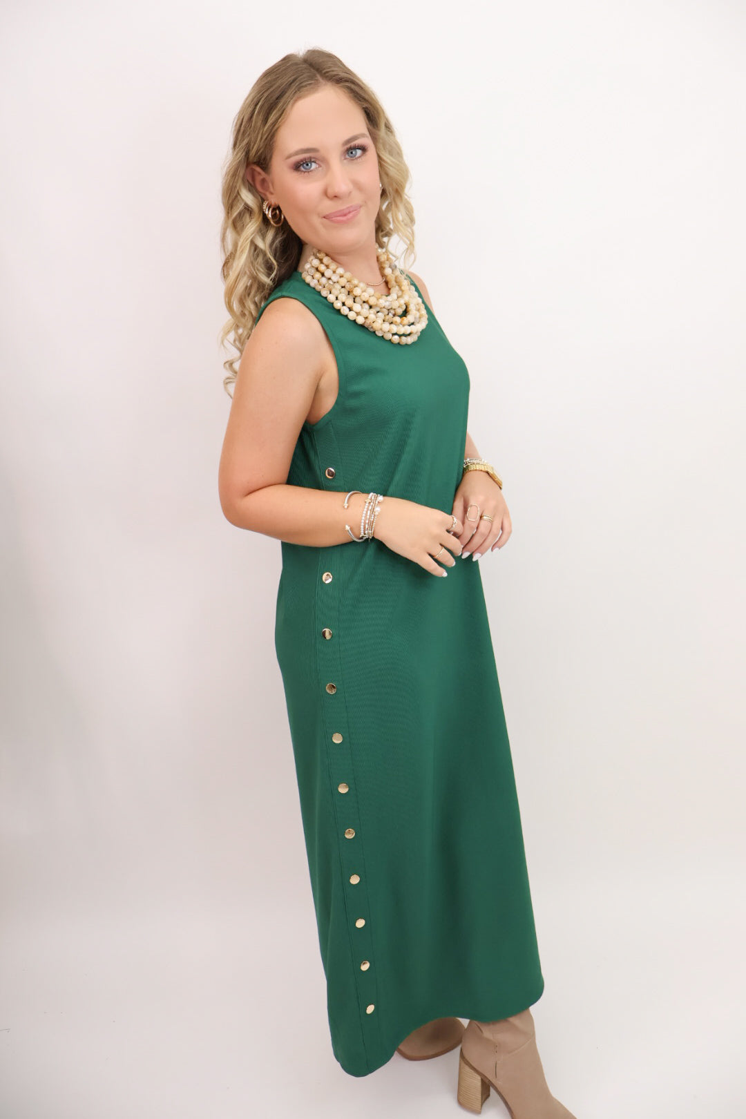Gold Studded Sleeveless Midi Dress - Green