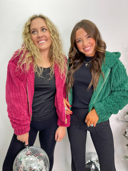Hooded Ribbed Sherpa Jacket - Raspberry