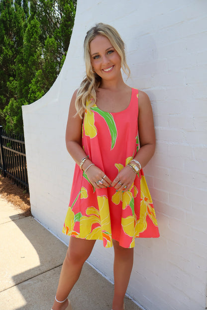 Coral Floral Trapeze Mini Dress