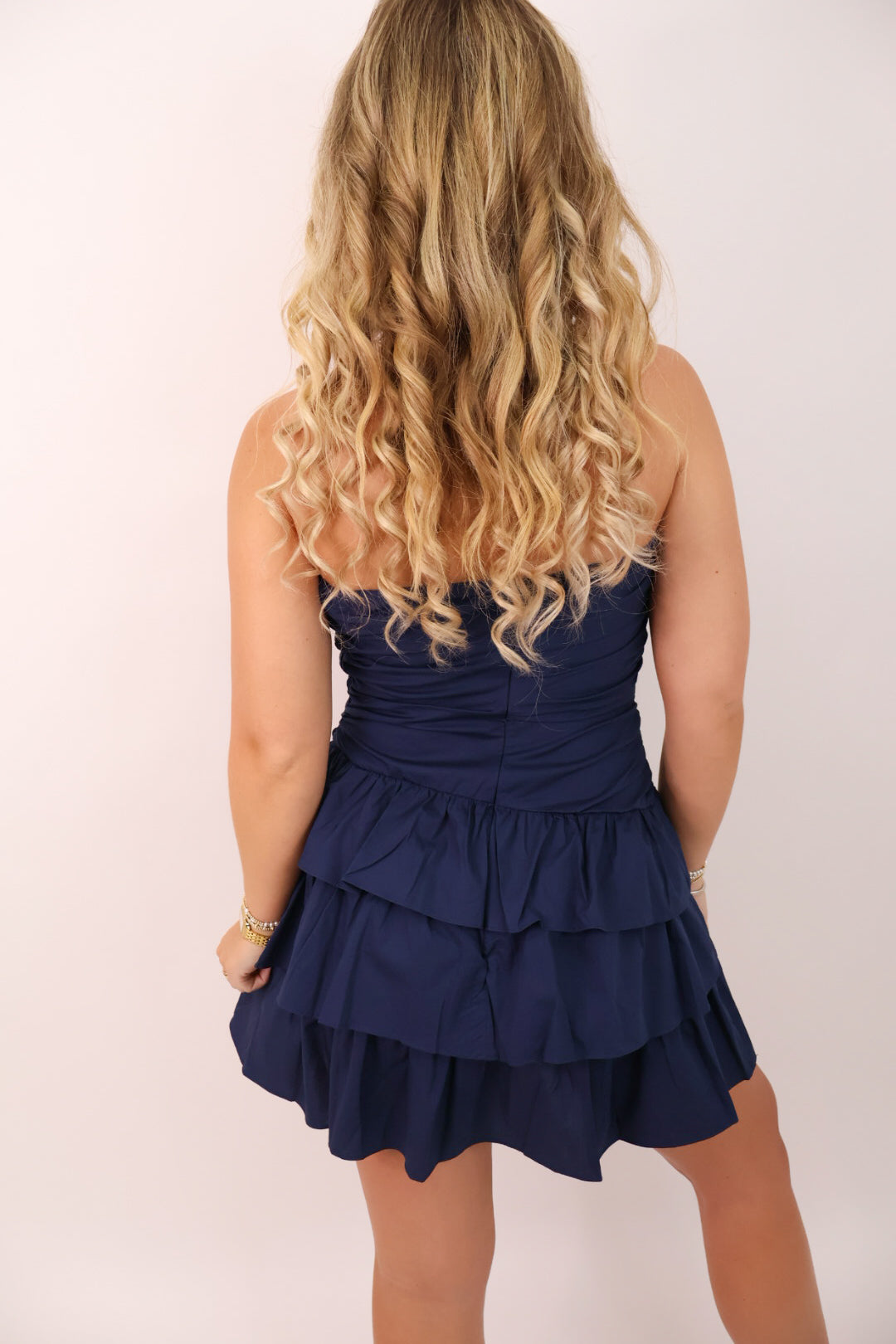Strapless Tiered Poplin Mini Dress - Navy