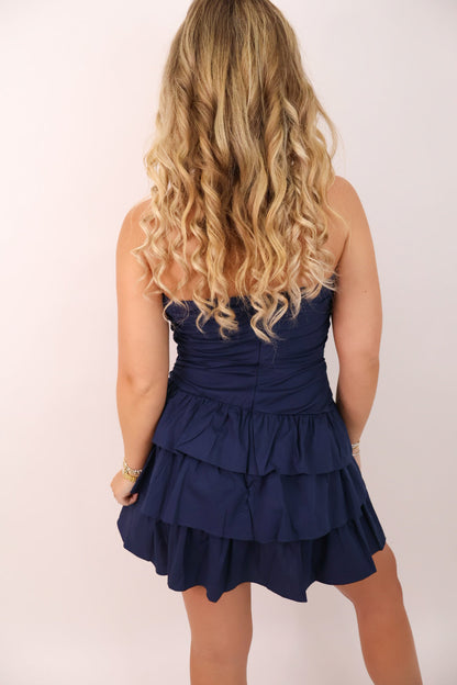 Strapless Tiered Poplin Mini Dress - Navy