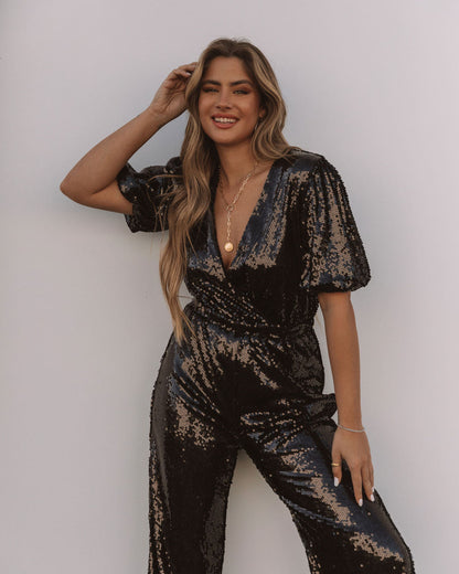 Eissa Sequin Drape Jumpsuit - Black