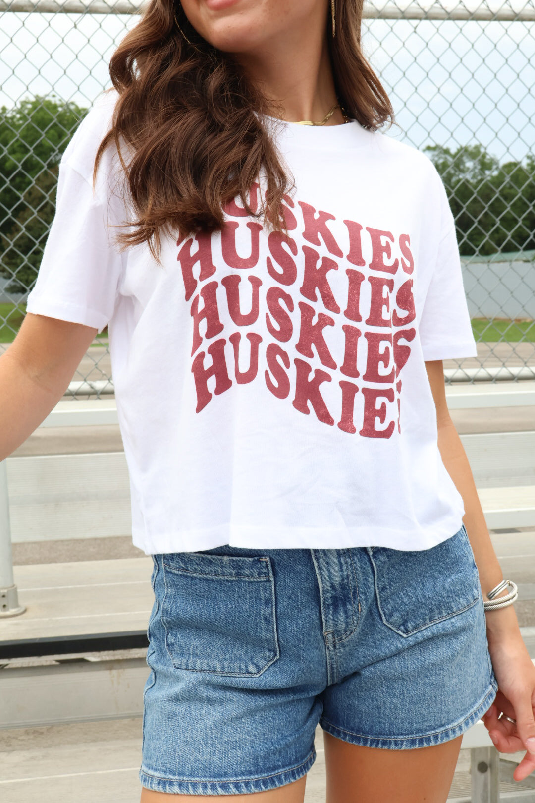 Wavy Huskies Crop Tee - White