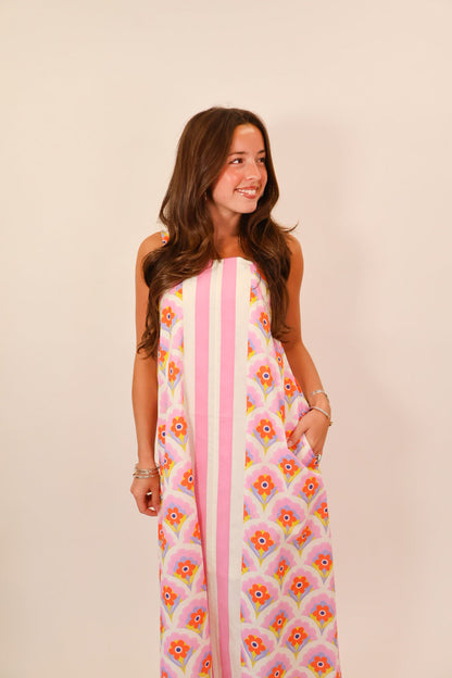 Pink Retro Floral Scallop Stripe Maxi Dress