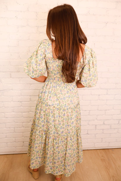 Meadow Bloom Smocked Puff Sleeve Midi Dress