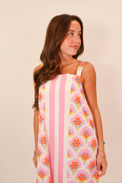 Pink Retro Floral Scallop Stripe Maxi Dress
