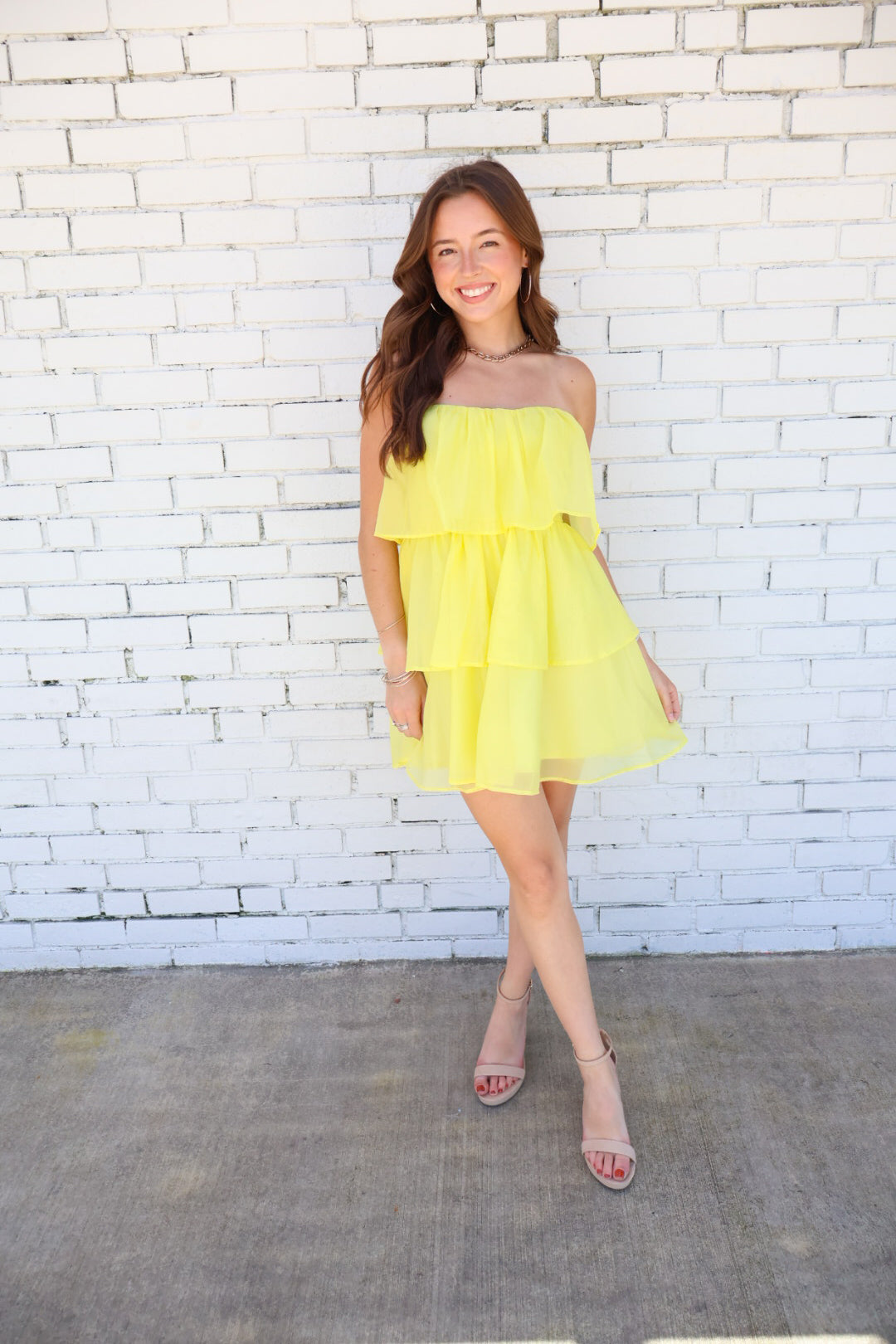 Yellow Tiered Strapless Mini Dress