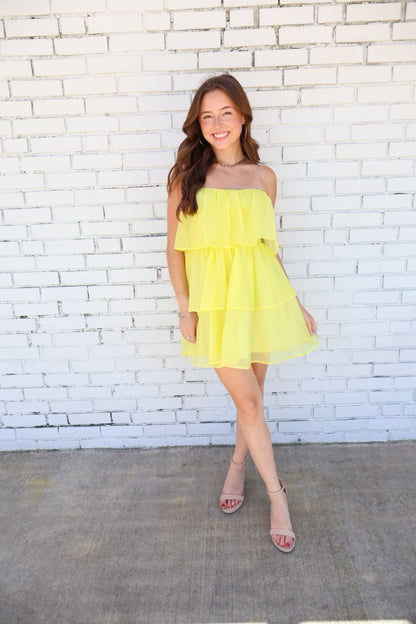 Yellow Tiered Strapless Mini Dress