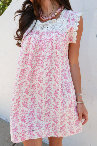 Pink Floral Lace Trim Mini Dress