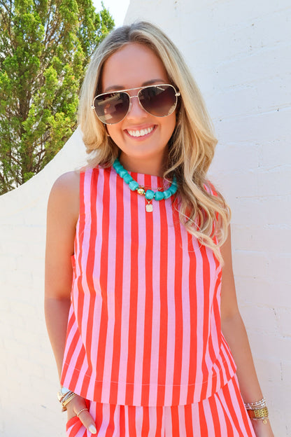 Coral + Pink Punch Striped Shorts Set