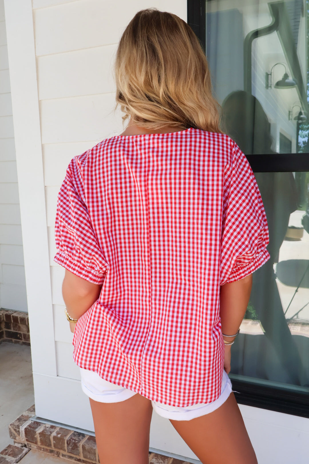 Red Gingham Top with Blue Braided Trim