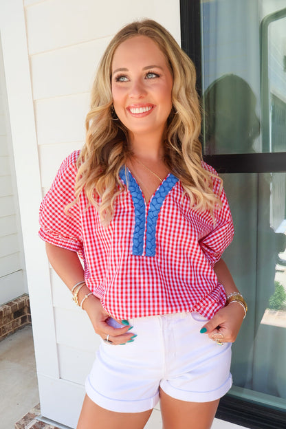 Red Gingham Top with Blue Braided Trim