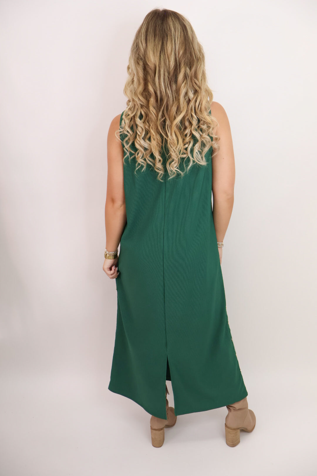 Gold Studded Sleeveless Midi Dress - Green