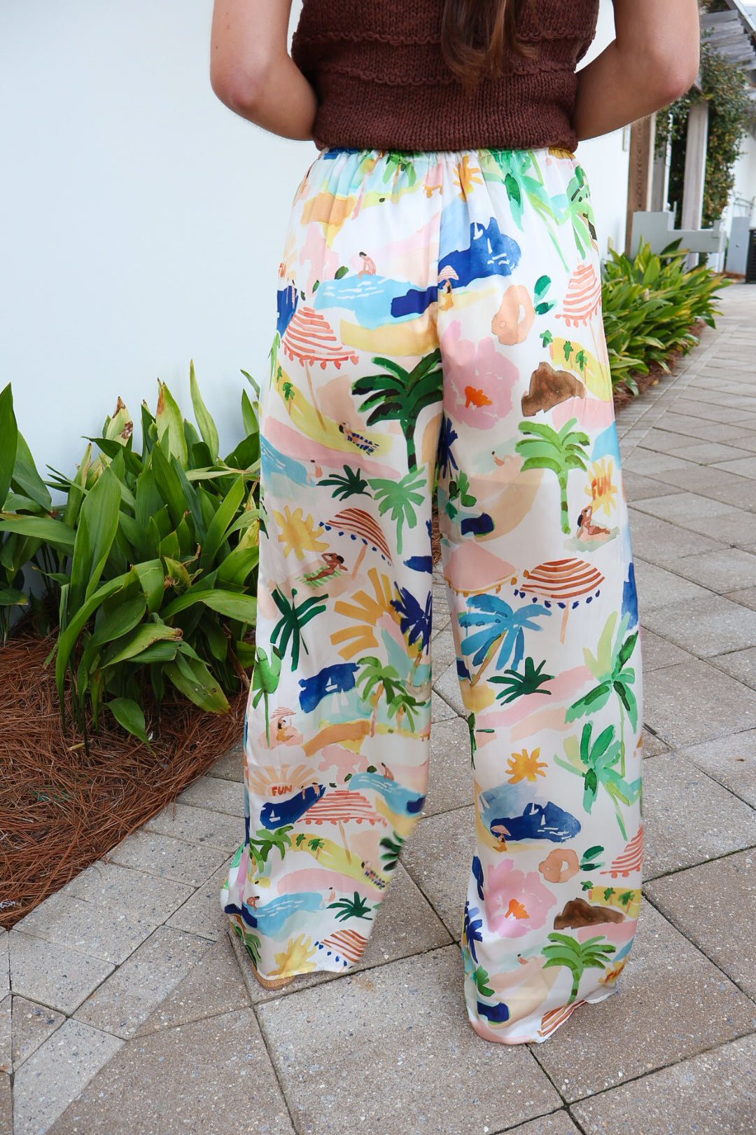 Postcard Print Wide Leg Pants