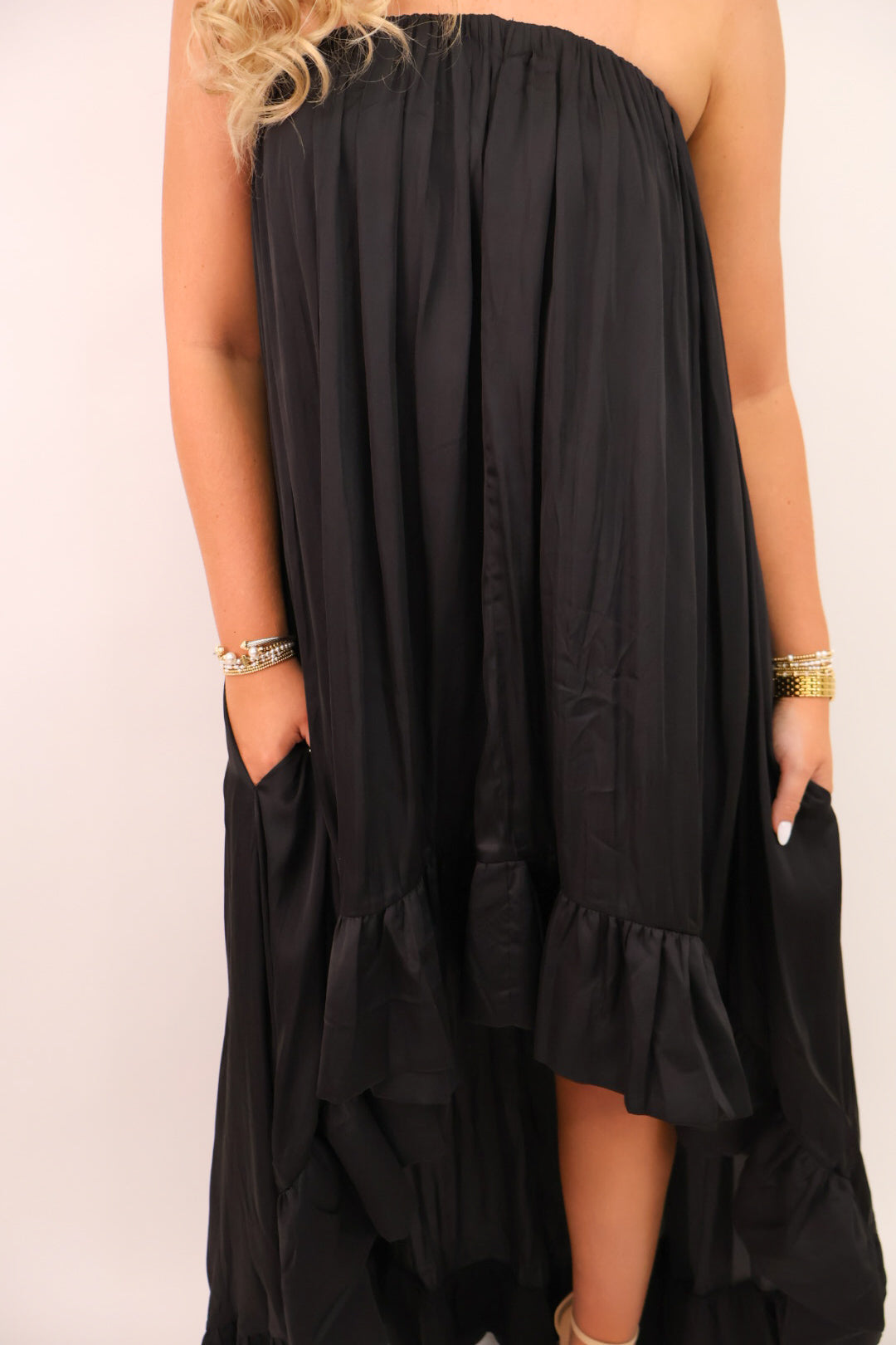 Satin Strapless High-Low Maxi Dress - Black