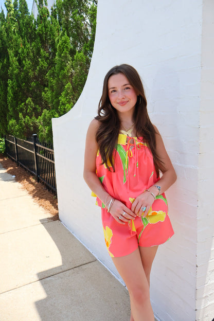 Coral Floral Tie Front Top and Shorts Set