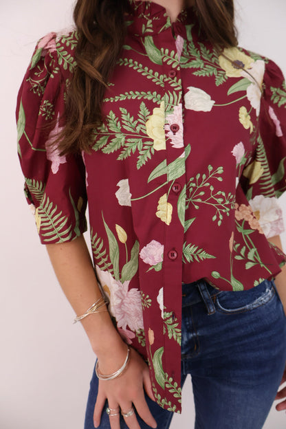 Merlot Floral Button Front Top