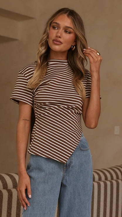 Tiarna Side Ruched Tee - Brown/White Stripe
