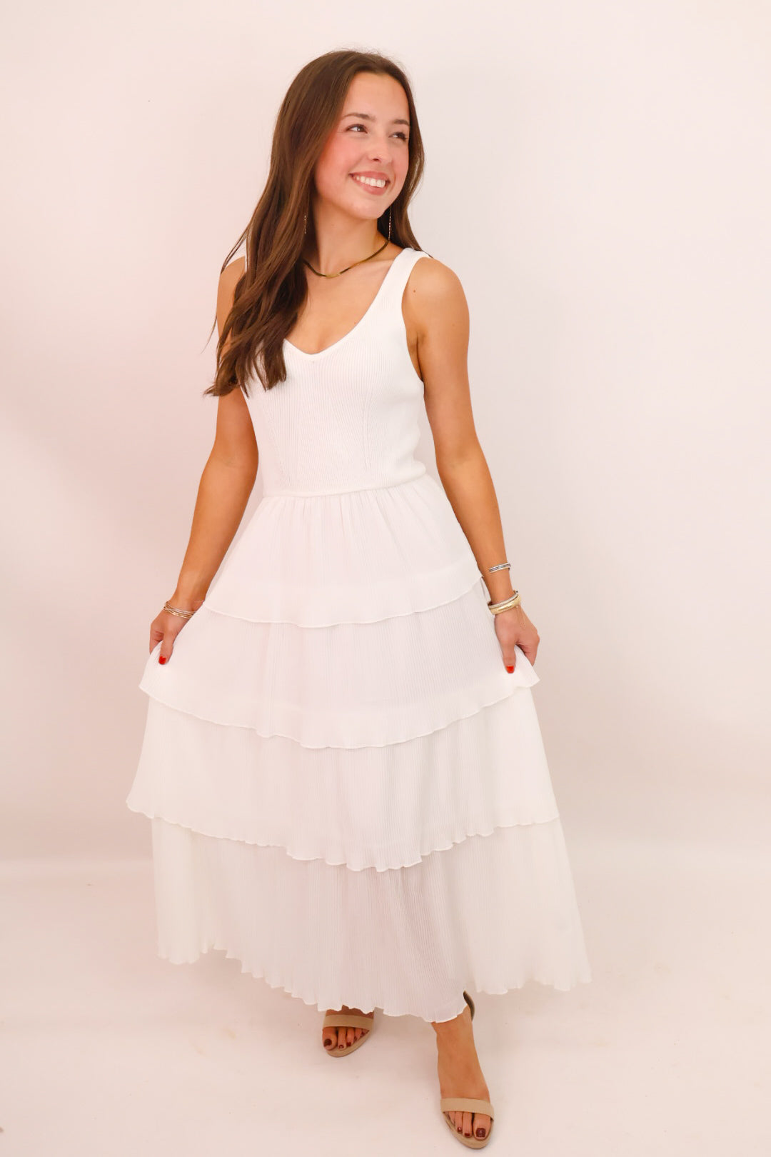 White Pleated Tiered Maxi Dress