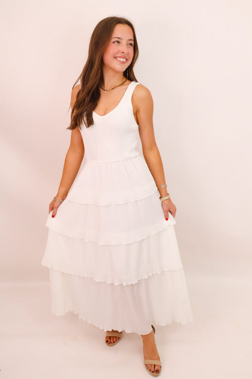 White Pleated Tiered Maxi Dress