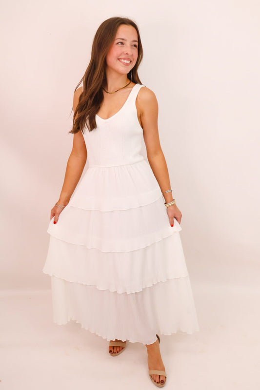 White Pleated Tiered Maxi Dress
