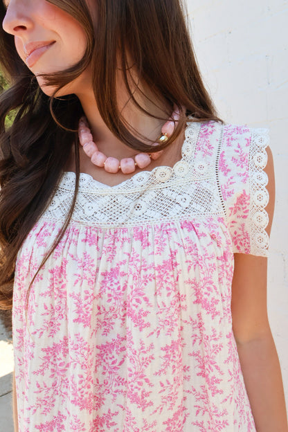 Pink Floral Lace Trim Mini Dress