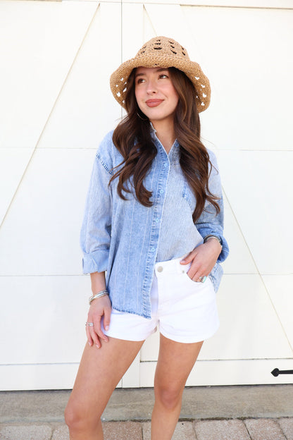 Mixed Stripe Denim Button Down Top