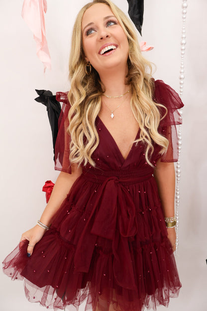 Burgundy Pearl Embellished Tulle Mini Dress