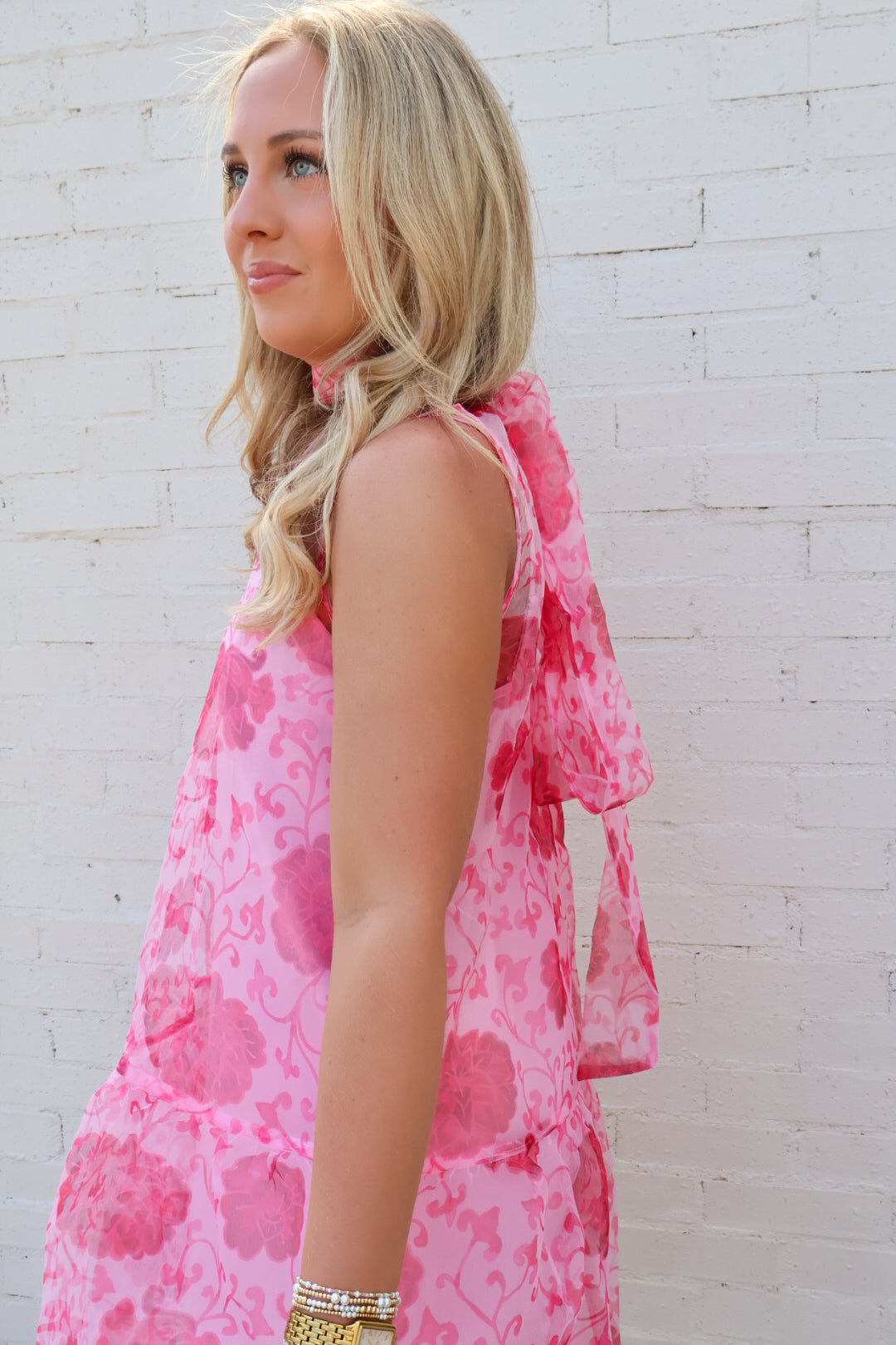 Rosé Garden High Neck Pink Floral Dress